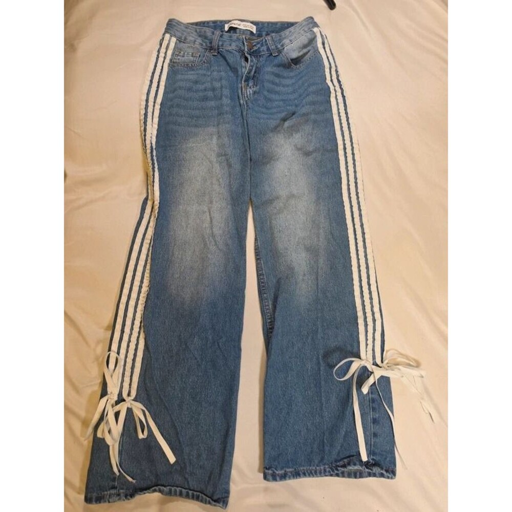 Wide Leg Side-Stripe Ribbon Bow Jeans - Medium Wash (US 3 / EUR 36)